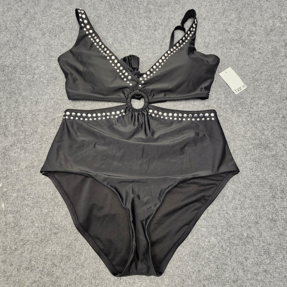 Bar III Monokini Swimsuit Womens XS Black Studded Cutout O-Ring One Piece New